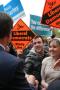 Leader of the Liberal Democrats, Nick Clegg meets students at the Durham union, the afternoon before the polls open (some waving Conservative Party campaign banners). 5th May 2010.