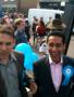 Darren Caplan and Simon Nayyar conservative parliamentary candidates for Hackney North and Stoke Newington and Hackney South and Shoreditch respectively hit the campaign trail on Broadway Market yesterday. Their patch directly outside the Cat & Mutton, a favourite haunt of London's uber-trendy stylist/designer/artist/filmmaker crowd, hence the pink shirts of their supporters?  Big swing'd be needed for them to get in here (Hackney N is vs Diane Abbott). Saturday 10th April 2010.