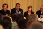 (l to r) Northampton North candidates Tony Lochmuller (Green), Michael Ellis (Conservative) and Sally Keeble (Labour) face the voters as newspaper editor Richard Edmonson moderates