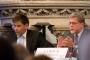 In full flow at the hustings in Trinity Church , Ashby de la Zouch.Andrew Bridgen for the Conservatives v.Ross Willmott for Labour.