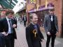 Josh Timminds (17) wears a rosette for the Monster Raving Loony Party. Timminds is a pupil at Royal Latin Grammar School in Buckingham and was taking part in a mock election. Here he stands outside the UKIP headquarters of Nigel Farage during his lunch hour. The Buckingham constituency was one of the most high profile of the 2010 General Election thanks to Farage's attempt to unseat Commons Speaker John Bercow. The UKIP candidate was also involved in light aircraft crash on polling day. 5th May 2010.