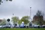 Television crews broadcasting from outside Birmingham University prior to the final election debate.